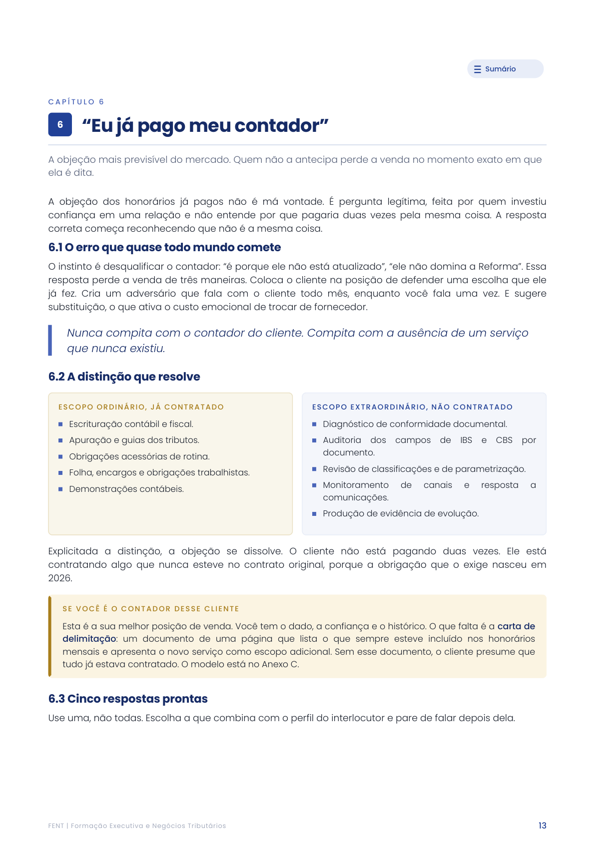 Página do guia: objeção do cliente